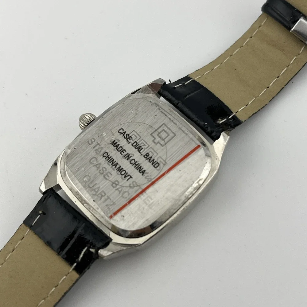 QBOS Watch Women‎ 30mm Silver Case Black Faux Leather Band- New Battery
